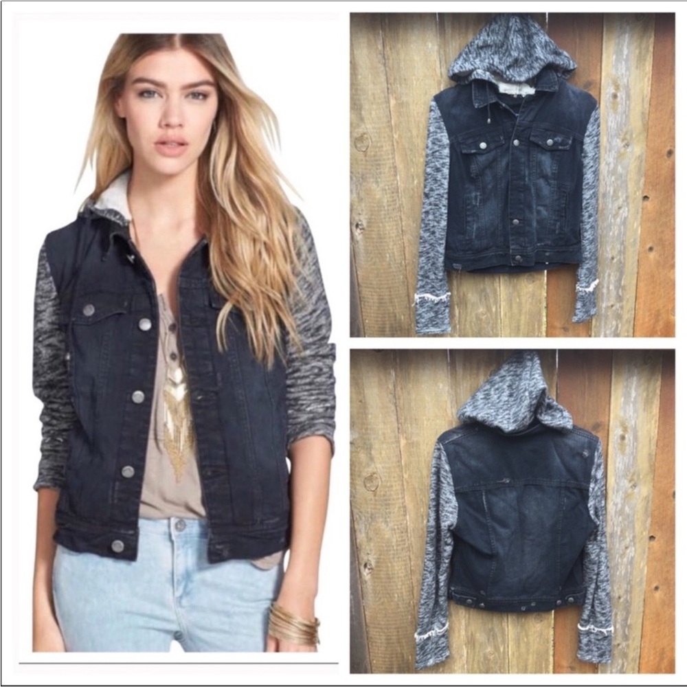 Free People Black Denim Jacket with Gray Knit Sleeves Size S/P